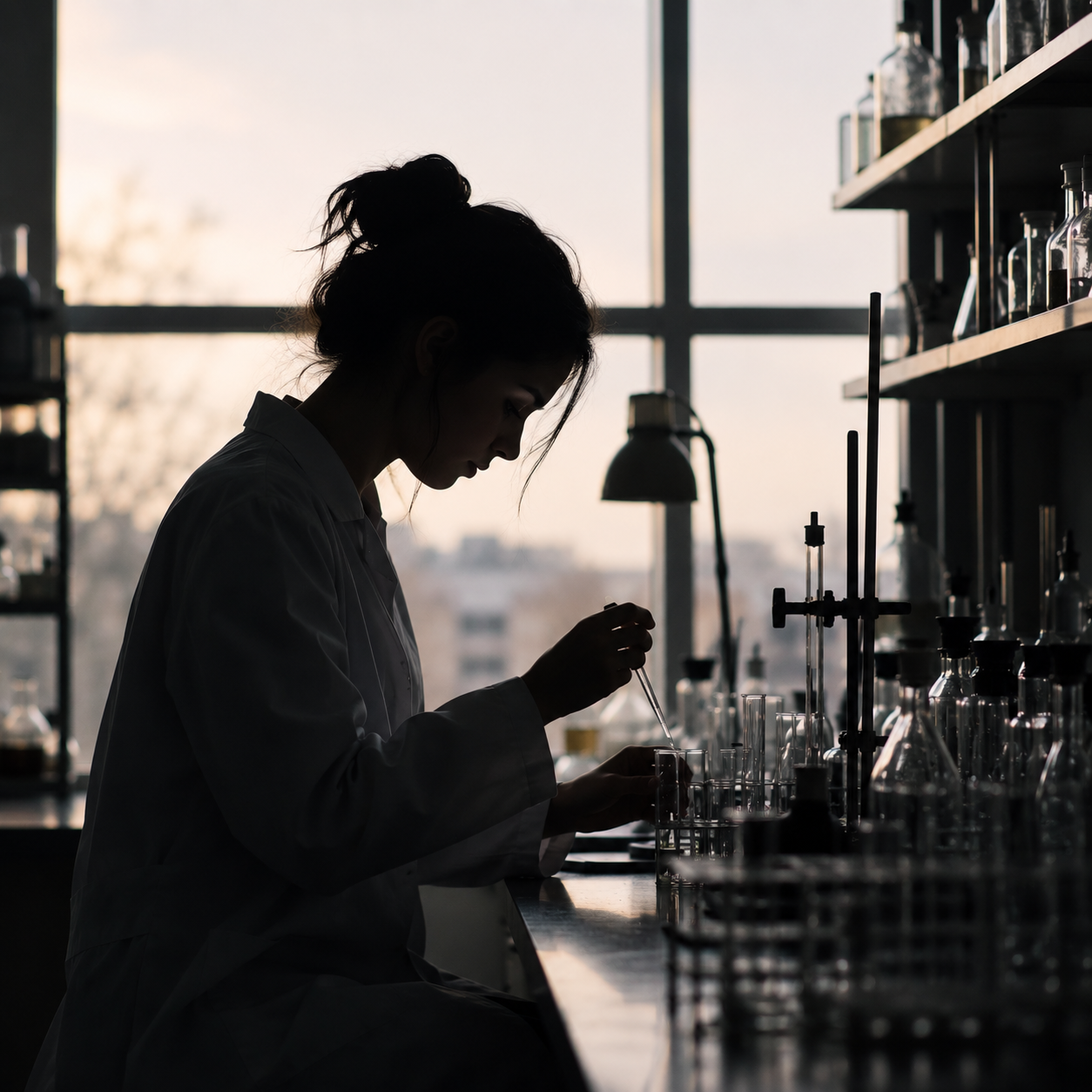 A quiet laboratory scene with a researcher working in silhouette